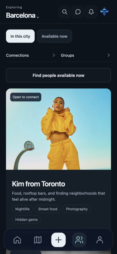 TrvlBē People discovery showing demo travelers and shared interests